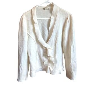 Winter White Ivory Nubby Boutique 100% Wool Button Front Sweater Blazer Jacket L